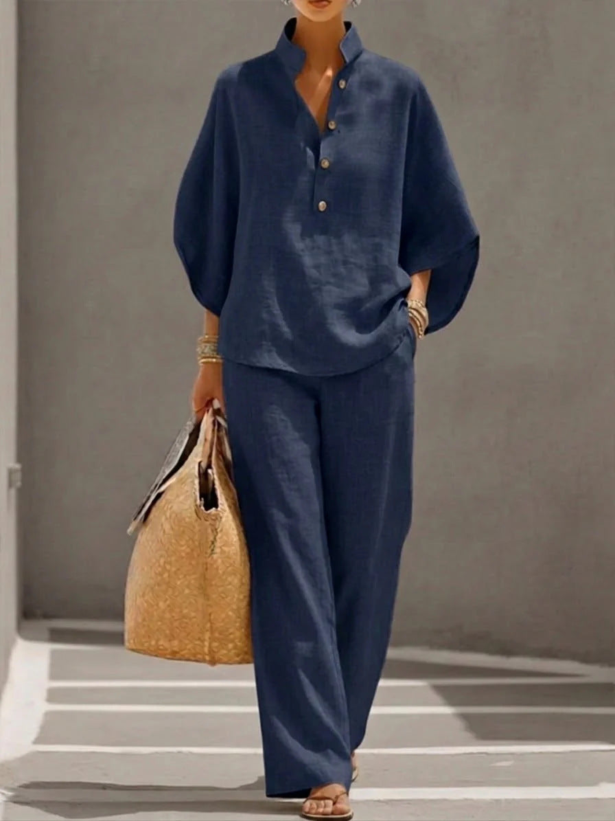Linen V-neck batwing sleeve top and wide-leg pants set