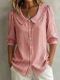 Retro Peter Pan collar striped cotton-linen shirt