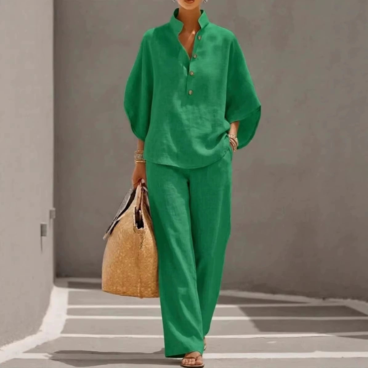 Linen V-neck batwing sleeve top and wide-leg pants set