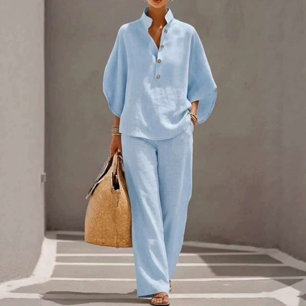Linen V-neck batwing sleeve top and wide-leg pants set