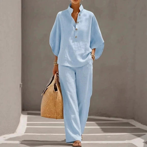 Linen V-neck batwing sleeve top and wide-leg pants set