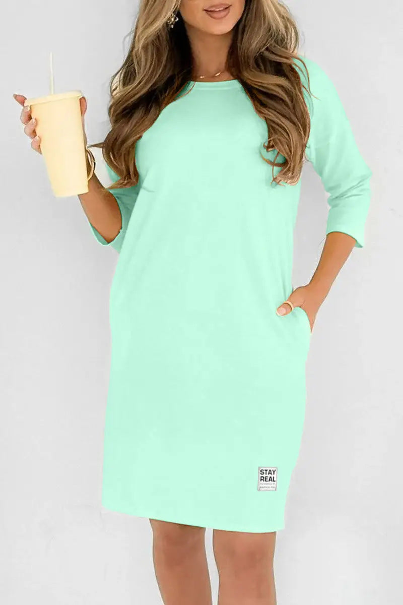 ✨🔥Round Neck, Three-Quarter Sleeve, Side Pocket Loose-Fitting T-Shirt Dress💕