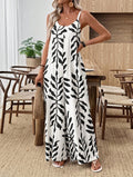 Casual and elegant V-neck tropical leaf print pocket jumpsuit