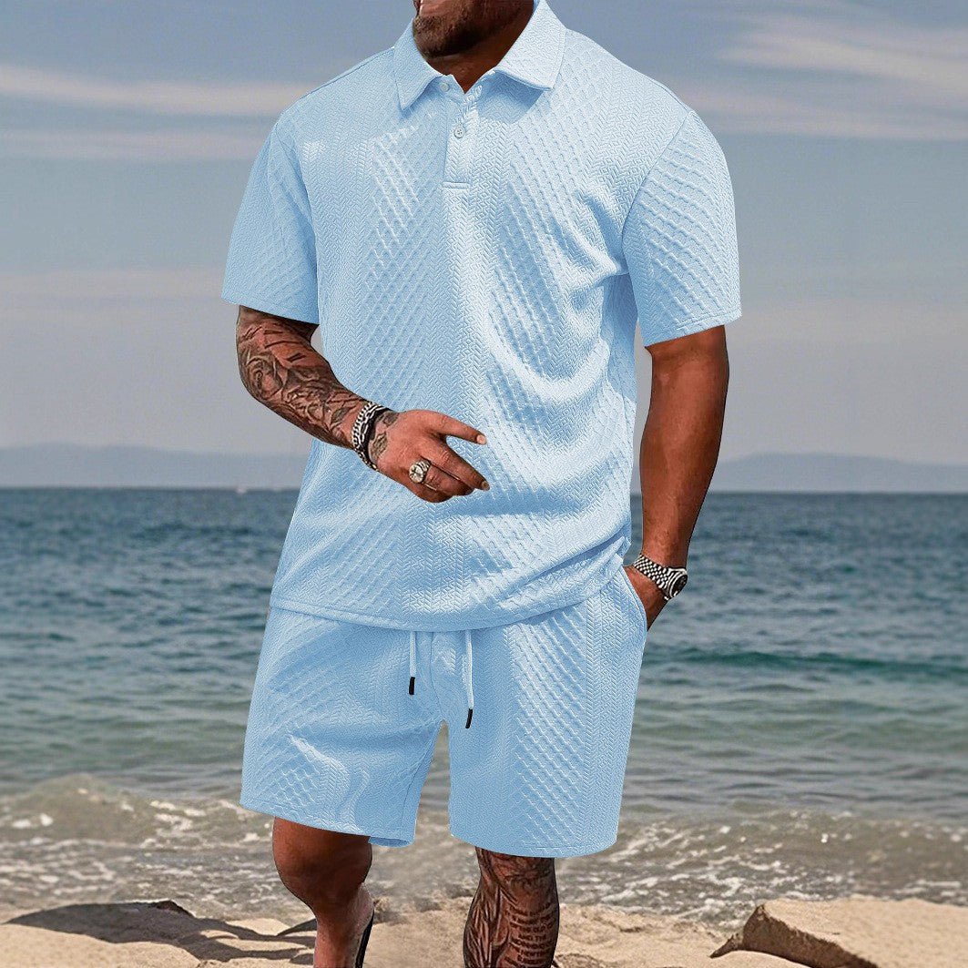 Jacquard fabric casual sports short-sleeved collared polo shirt set