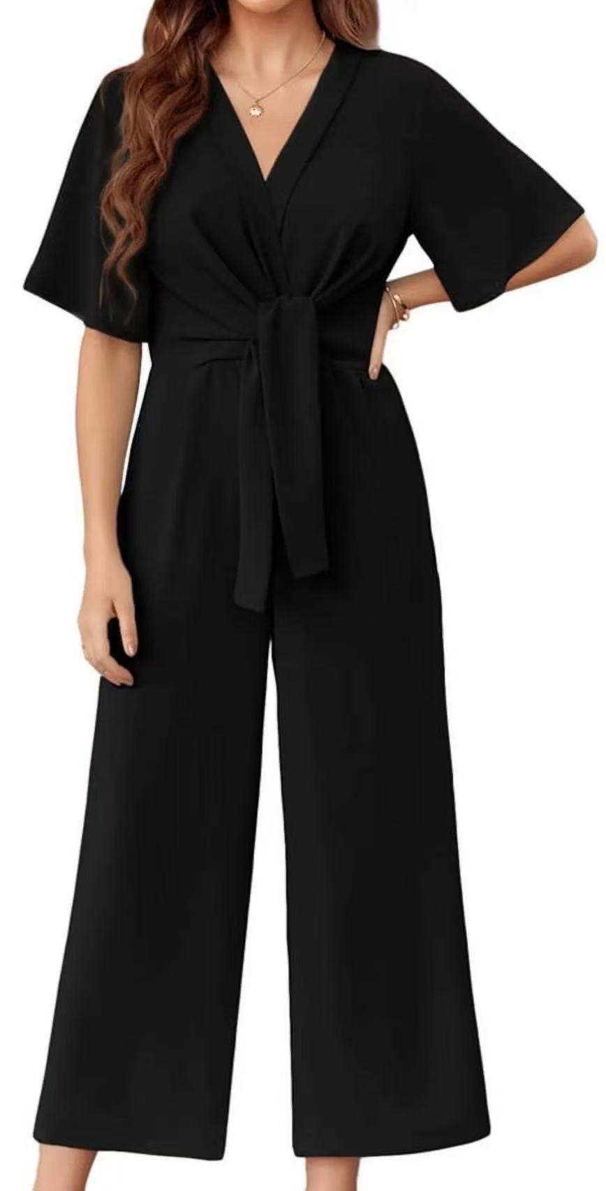 Solid color V-neck minimalist design short-sleeved jumpsuit
