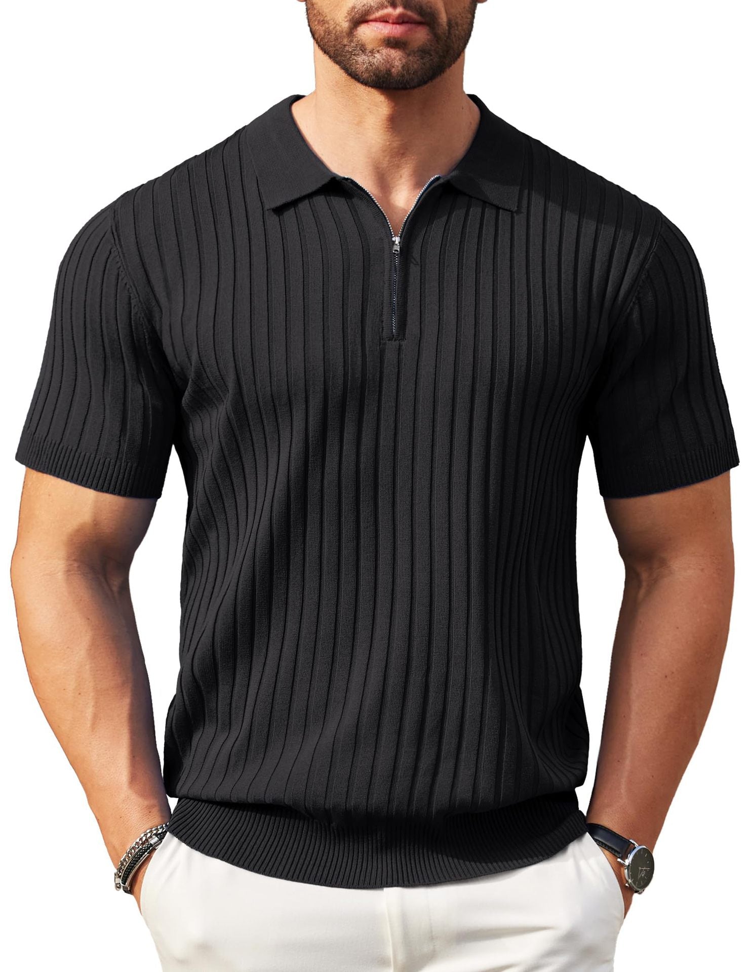 Men's Zippered Short-Sleeve Ribbed Knit Polo Shirt (Spring/Summer)