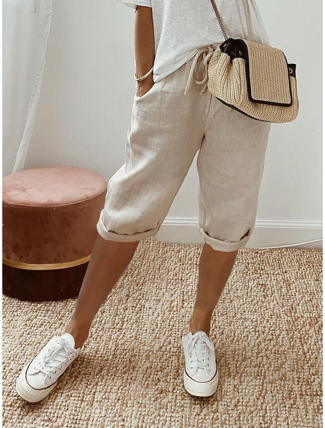 Women's cotton and linen pocket elastic waist casual five-point pants