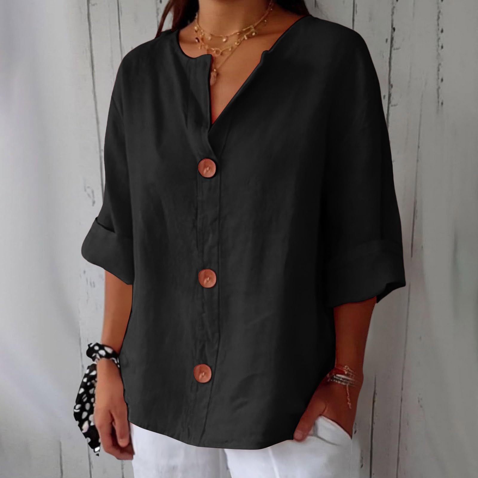New loose-fitting V-neck cotton linen button-down top