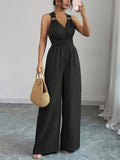 Fashionable and sexy V-neck backless crossover waist wide-leg jumpsuit