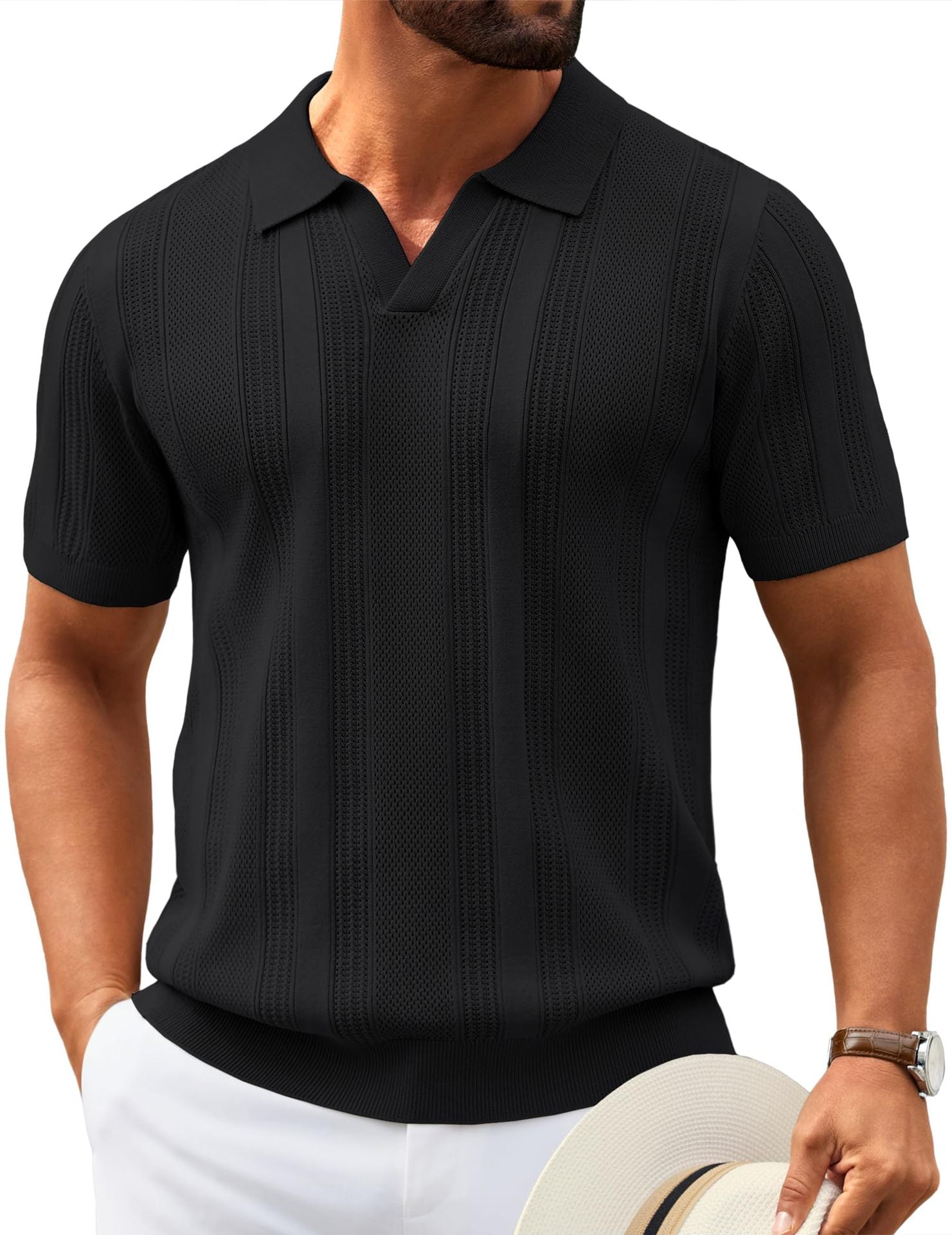 Men's Knitted V-Neck Textured Short-Sleeve Breathable Polo Shirt