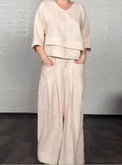 Solid color round neck long-sleeved casual top and straight leg pants two-piece set