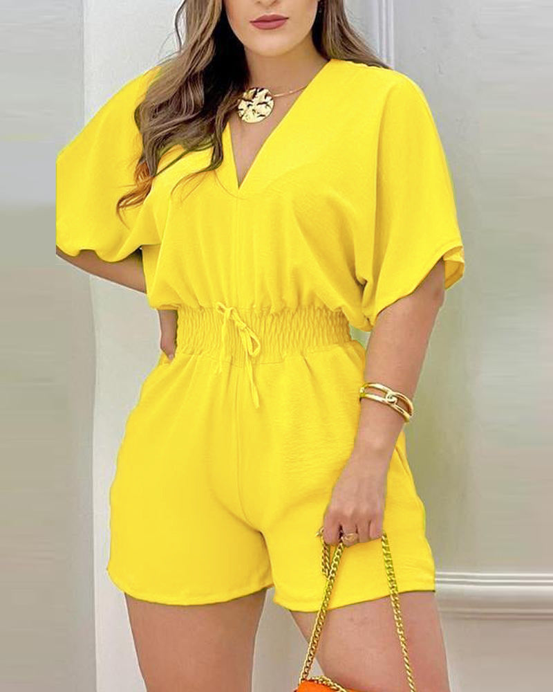 Women's Solid Color Drawstring Pleated Waist Slim Fit V-Neck Jumpsuit