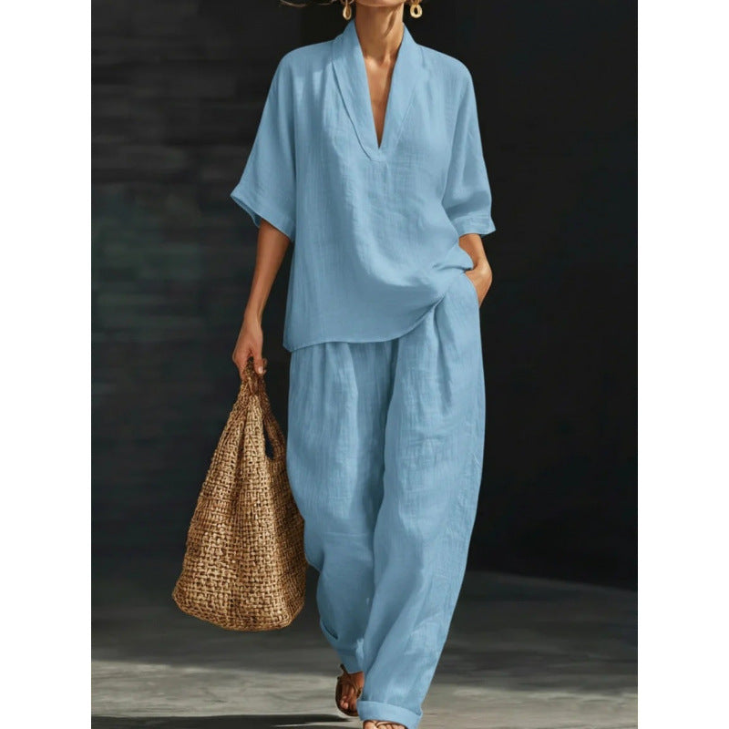 Loose, casual, comfortable, simple solid color two-piece set