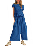 Stretch Pleated T-shirt and High-Waisted Wide-Leg Pants Casual Two-Piece Set