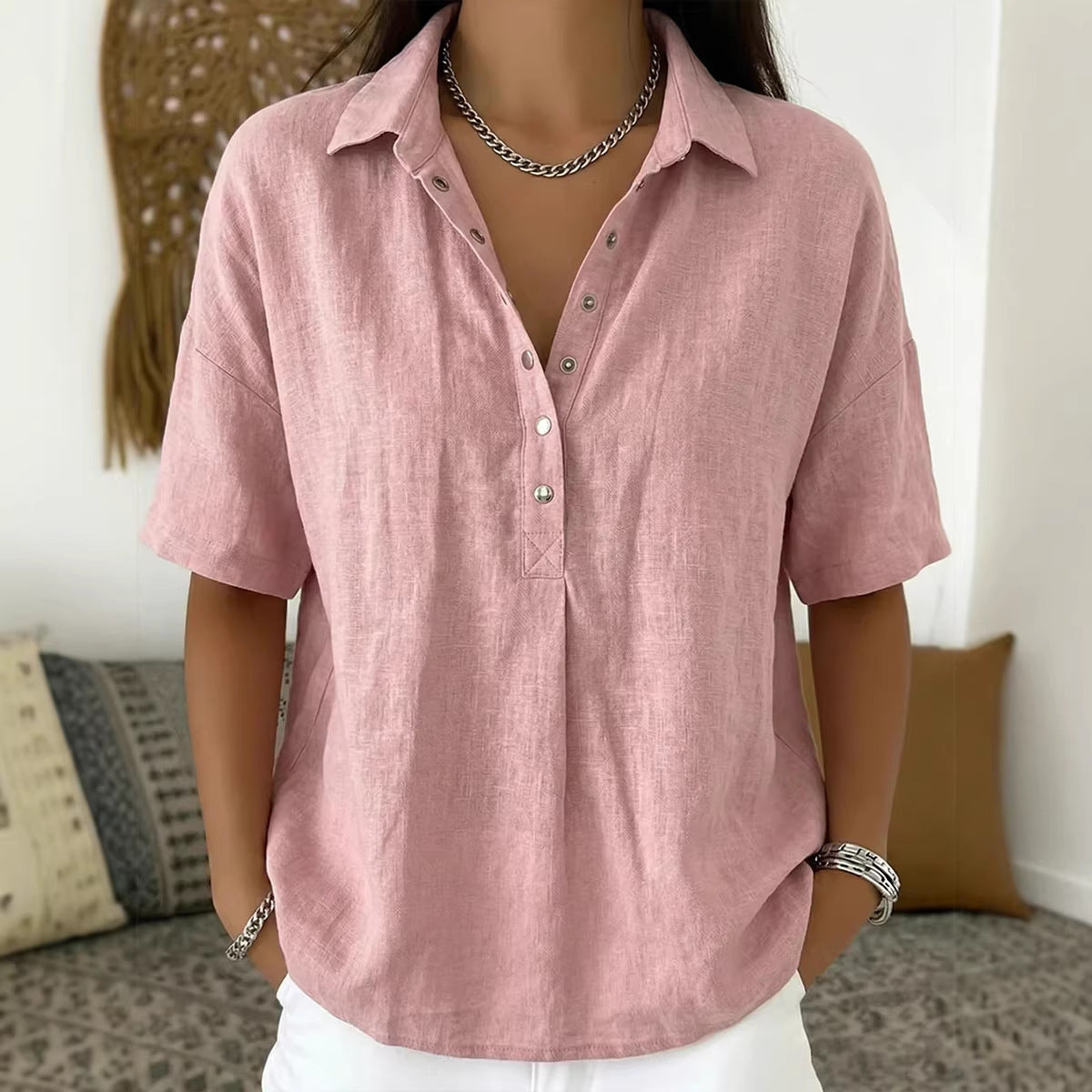 New summer women's loose-fitting, comfortable collared short-sleeved solid color shirt