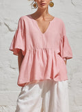 Relaxed Ruffled Three-Quarter Sleeve V-Neck Cotton Linen Summer Top