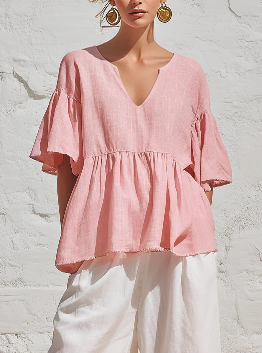 Relaxed Ruffled Three-Quarter Sleeve V-Neck Cotton Linen Summer Top