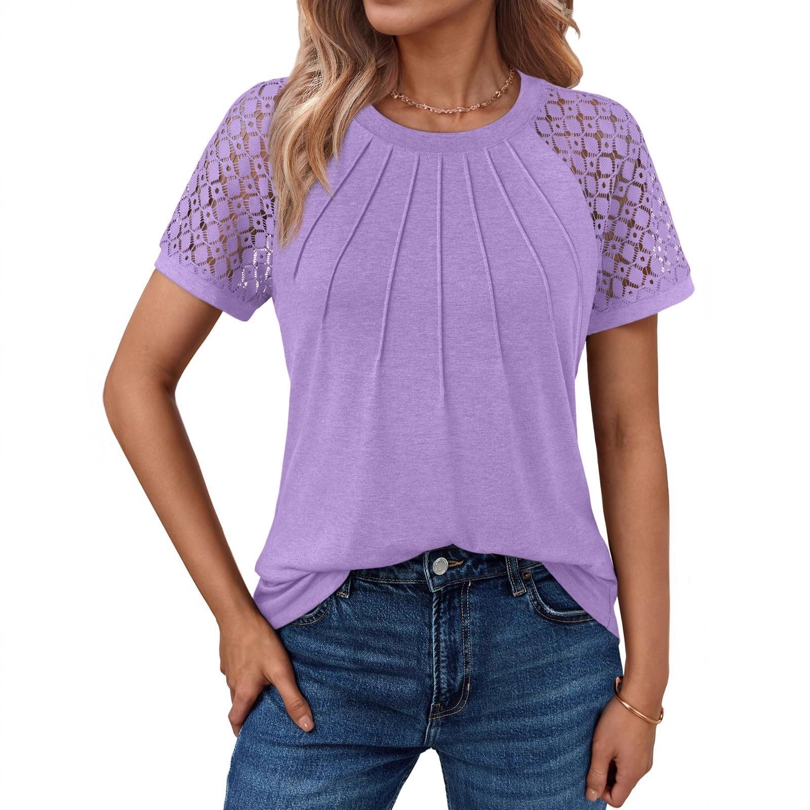 Women's short-sleeved round neck T-shirt with lace cutouts