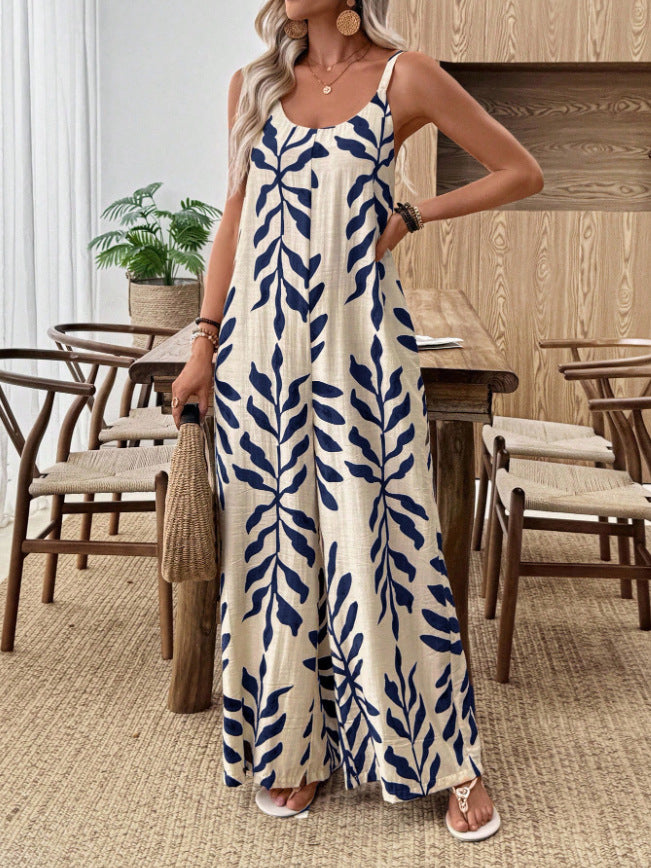 Casual and elegant V-neck tropical leaf print pocket jumpsuit