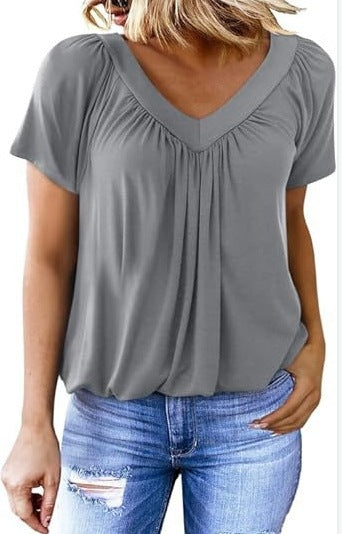V-neck raglan sleeve pleated casual everyday lounge T-shirt