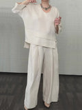 Solid color round neck long-sleeved casual top and straight leg pants two-piece set