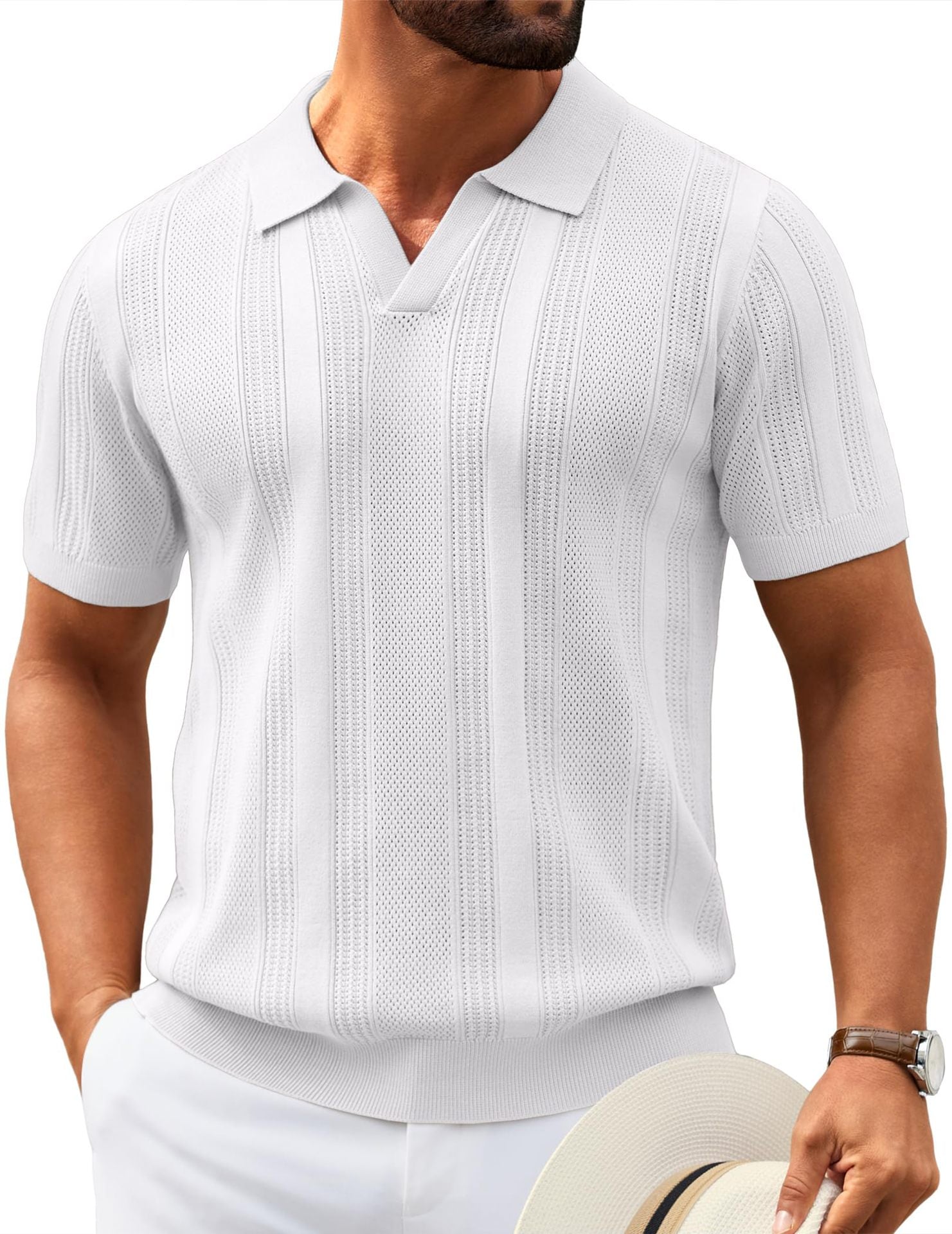 Men's Knitted V-Neck Textured Short-Sleeve Breathable Polo Shirt
