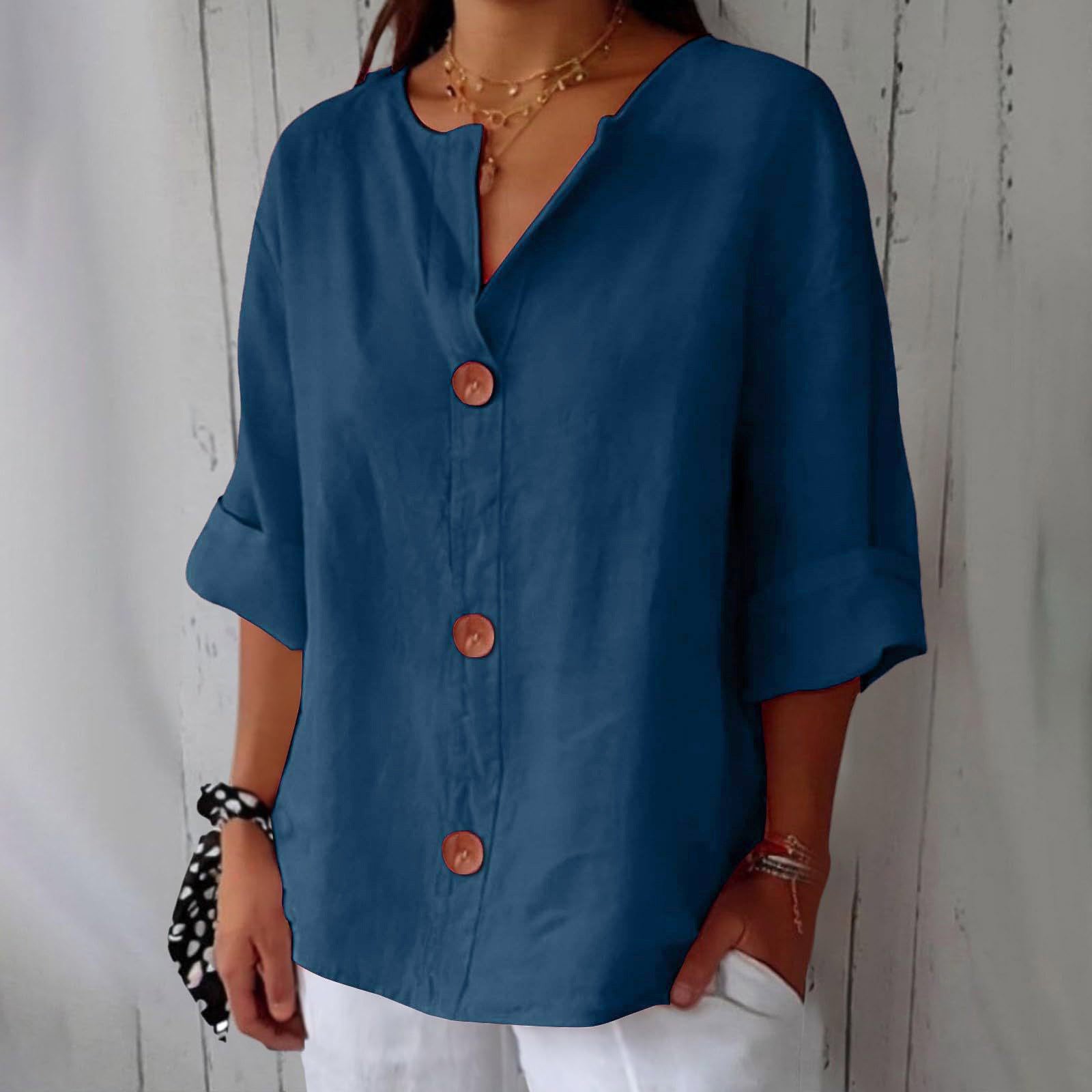New loose-fitting V-neck cotton linen button-down top