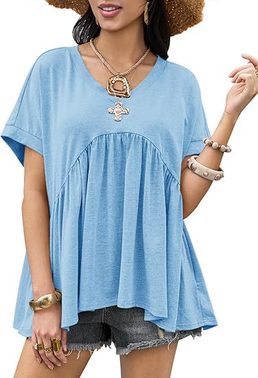 Summer short-sleeved V-neck casual loose pleated shirt