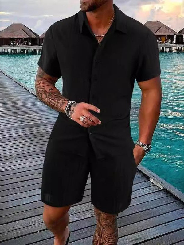 Casual loose cotton and linen short-sleeved shorts beach set