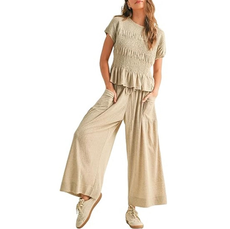 Stretch Pleated T-shirt and High-Waisted Wide-Leg Pants Casual Two-Piece Set