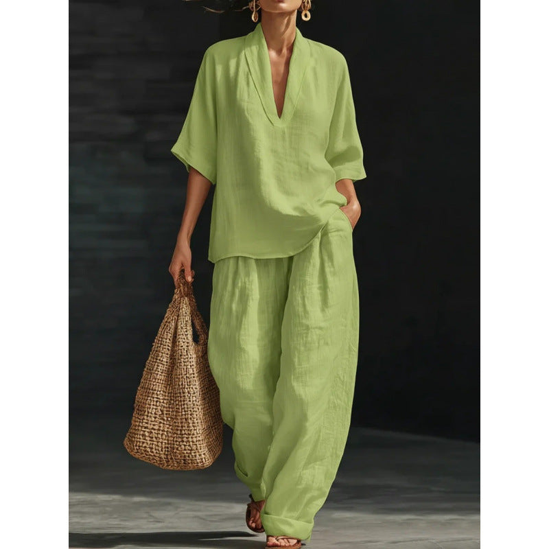 Loose, casual, comfortable, simple solid color two-piece set