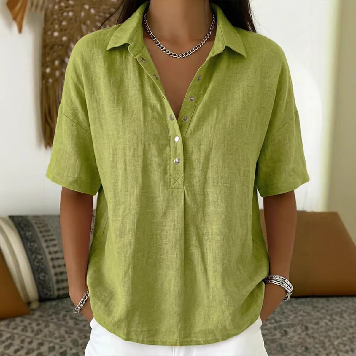 New summer women's loose-fitting, comfortable collared short-sleeved solid color shirt