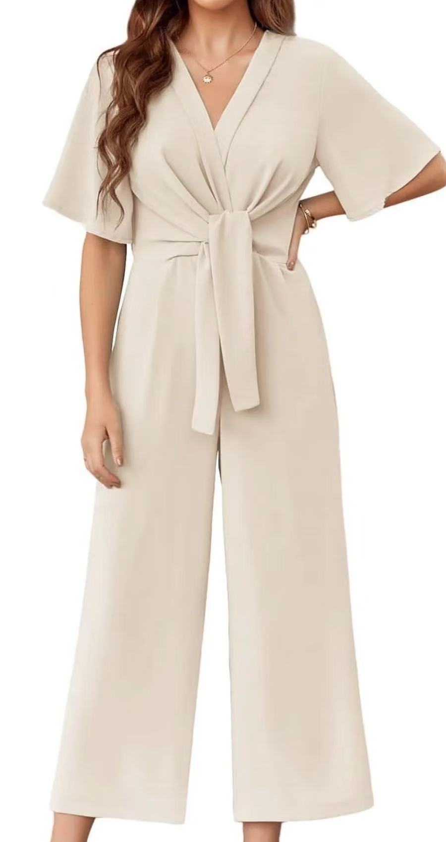 Solid color V-neck minimalist design short-sleeved jumpsuit