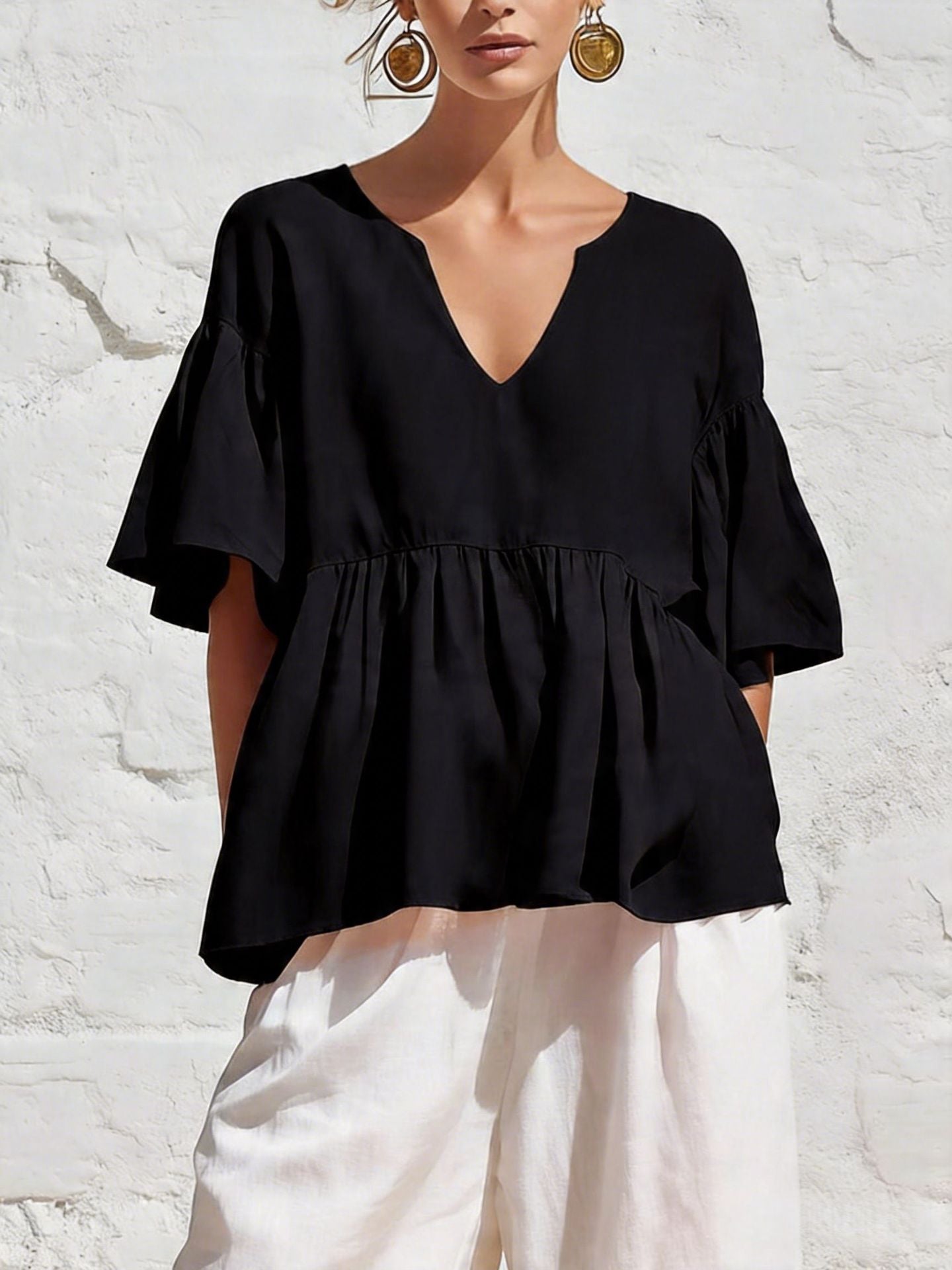 Relaxed Ruffled Three-Quarter Sleeve V-Neck Cotton Linen Summer Top