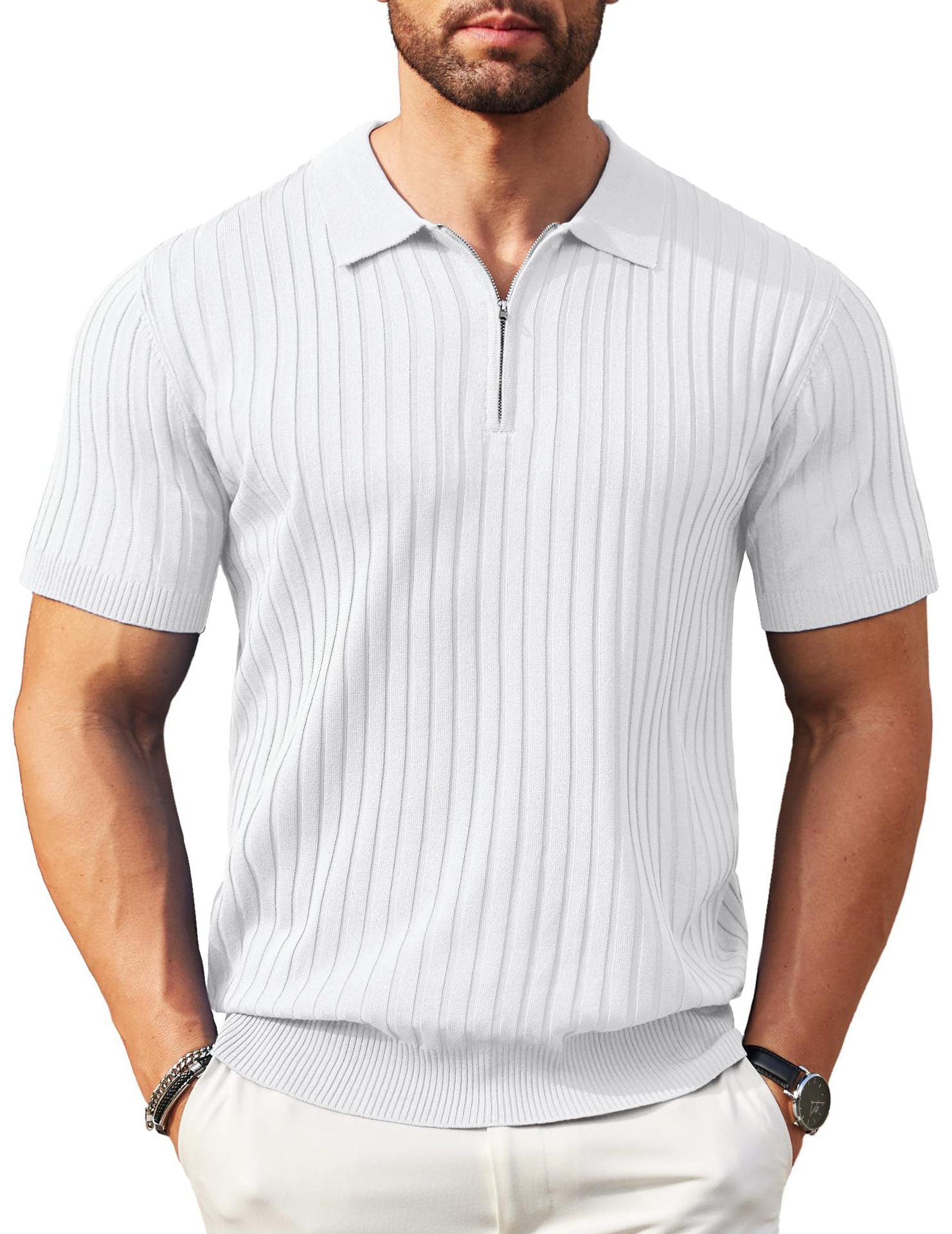 Men's Zippered Short-Sleeve Ribbed Knit Polo Shirt (Spring/Summer)