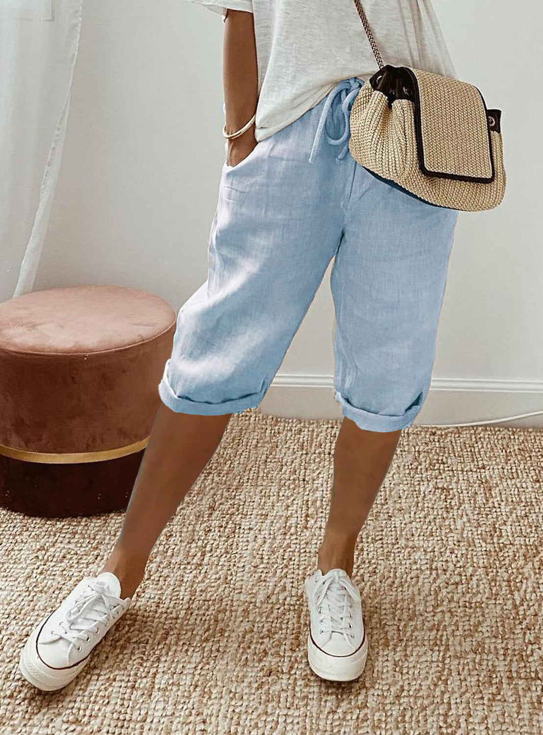 Women's cotton and linen pocket elastic waist casual five-point pants
