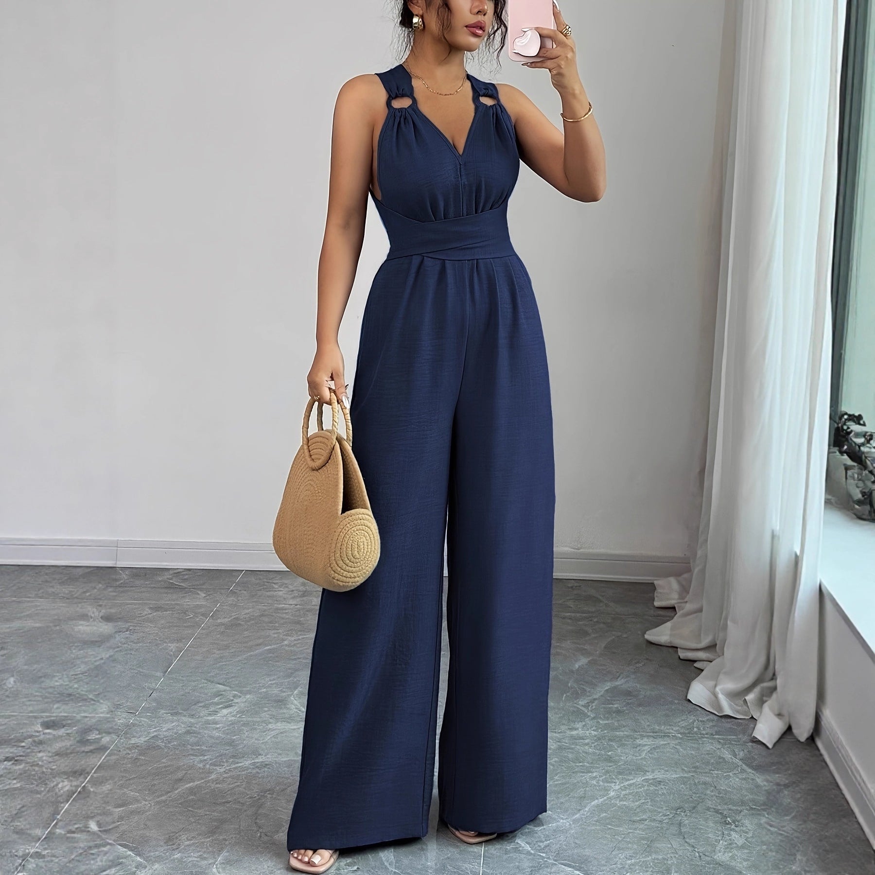 Fashionable and sexy V-neck backless crossover waist wide-leg jumpsuit