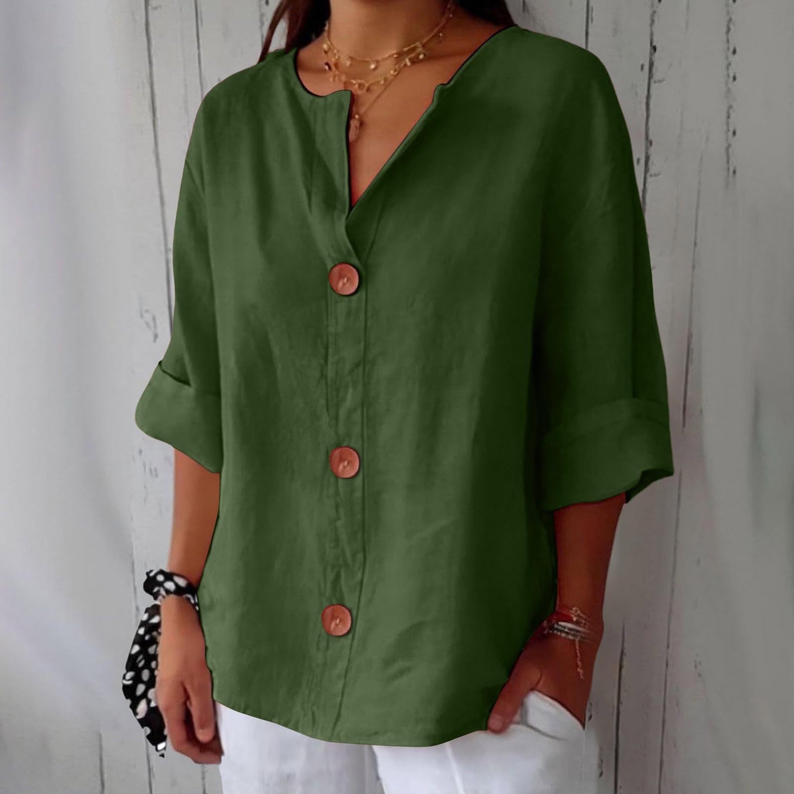 New loose-fitting V-neck cotton linen button-down top