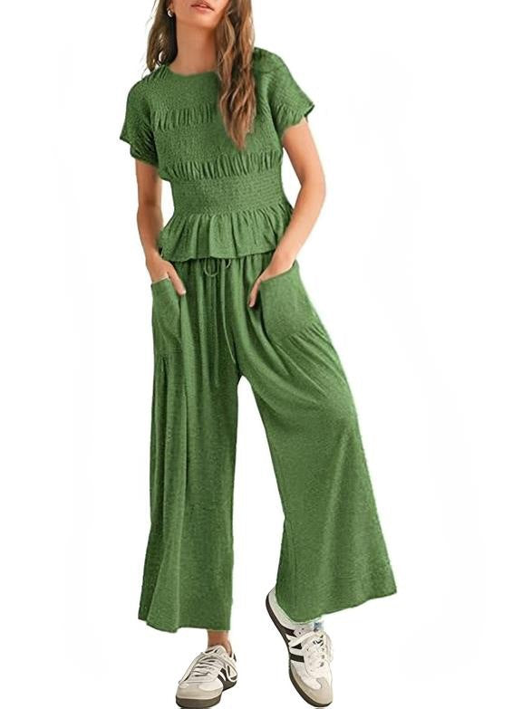 Stretch Pleated T-shirt and High-Waisted Wide-Leg Pants Casual Two-Piece Set