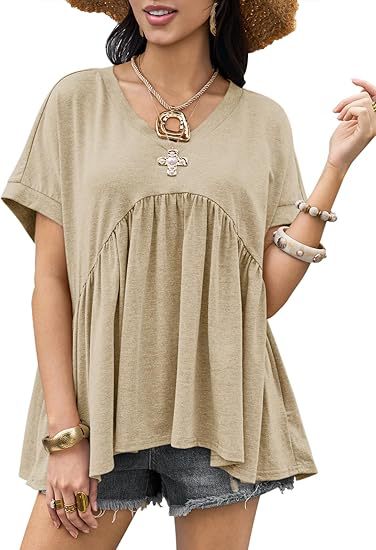 Summer short-sleeved V-neck casual loose pleated shirt