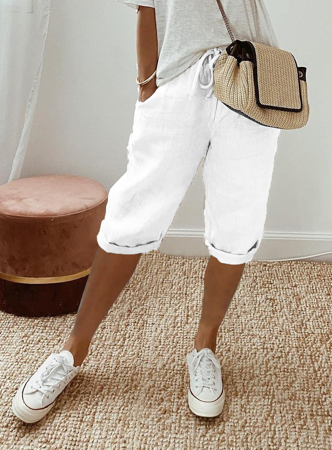 Women's cotton and linen pocket elastic waist casual five-point pants