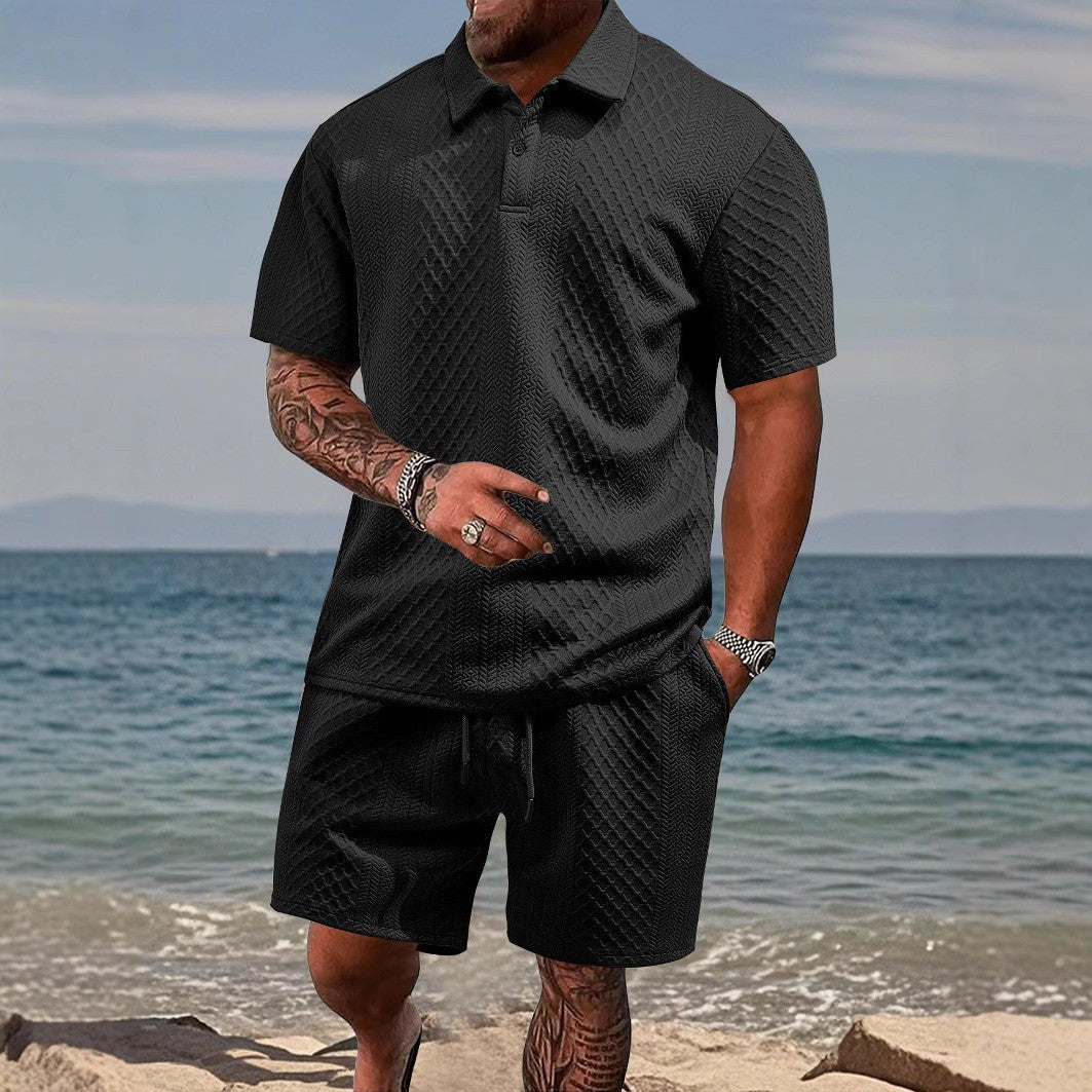 Jacquard fabric casual sports short-sleeved collared polo shirt set