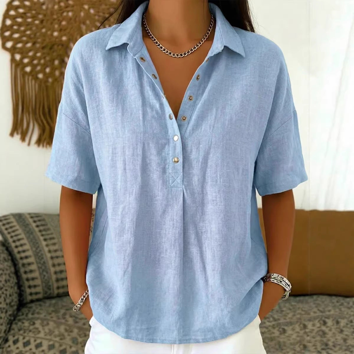 New summer women's loose-fitting, comfortable collared short-sleeved solid color shirt