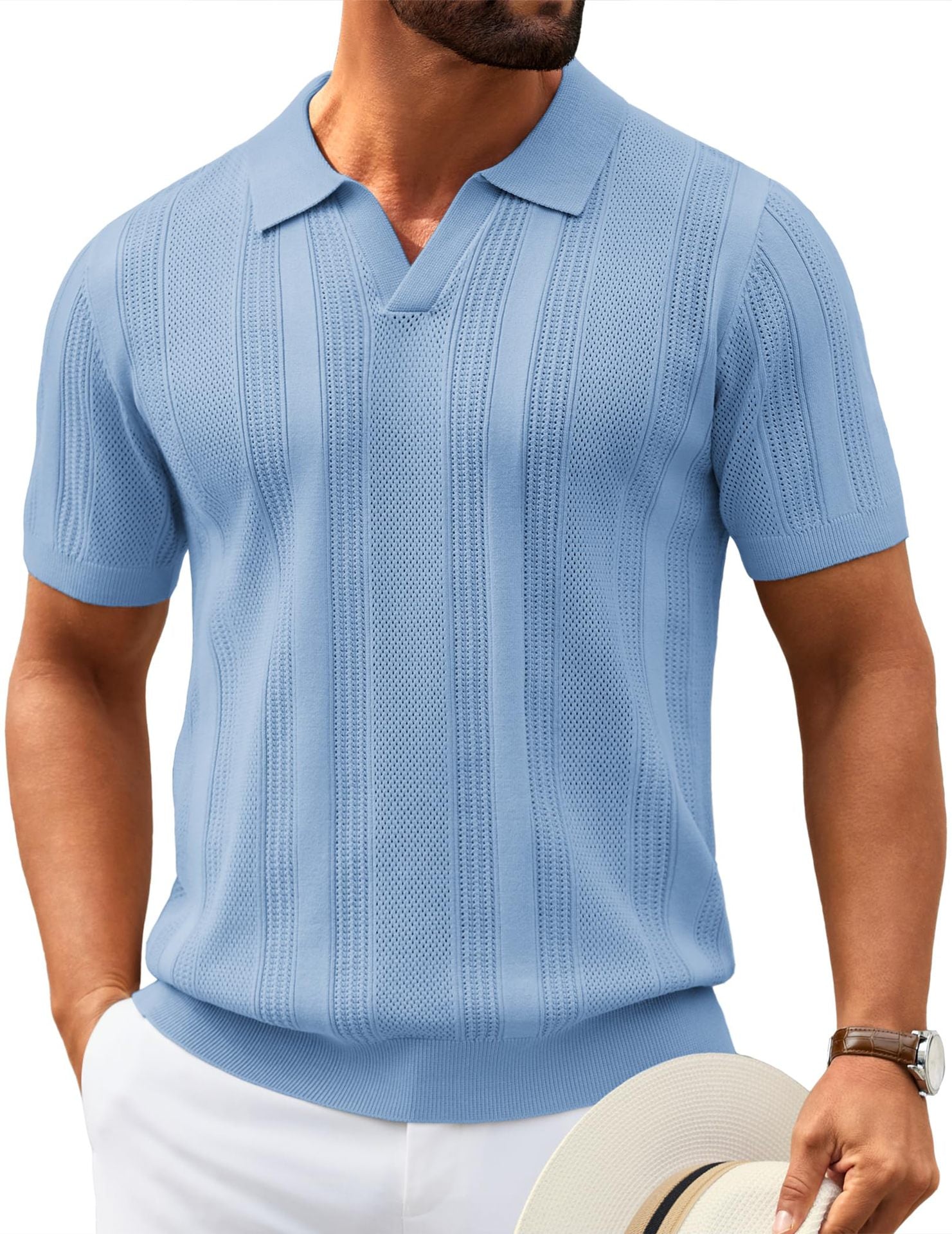 Men's Knitted V-Neck Textured Short-Sleeve Breathable Polo Shirt