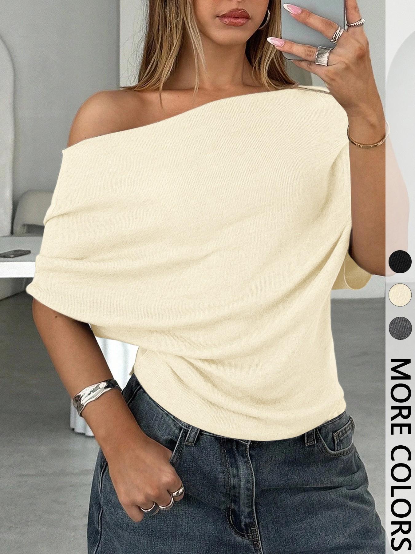 Sexy hot girl one-shoulder fitted top with batwing sleeves