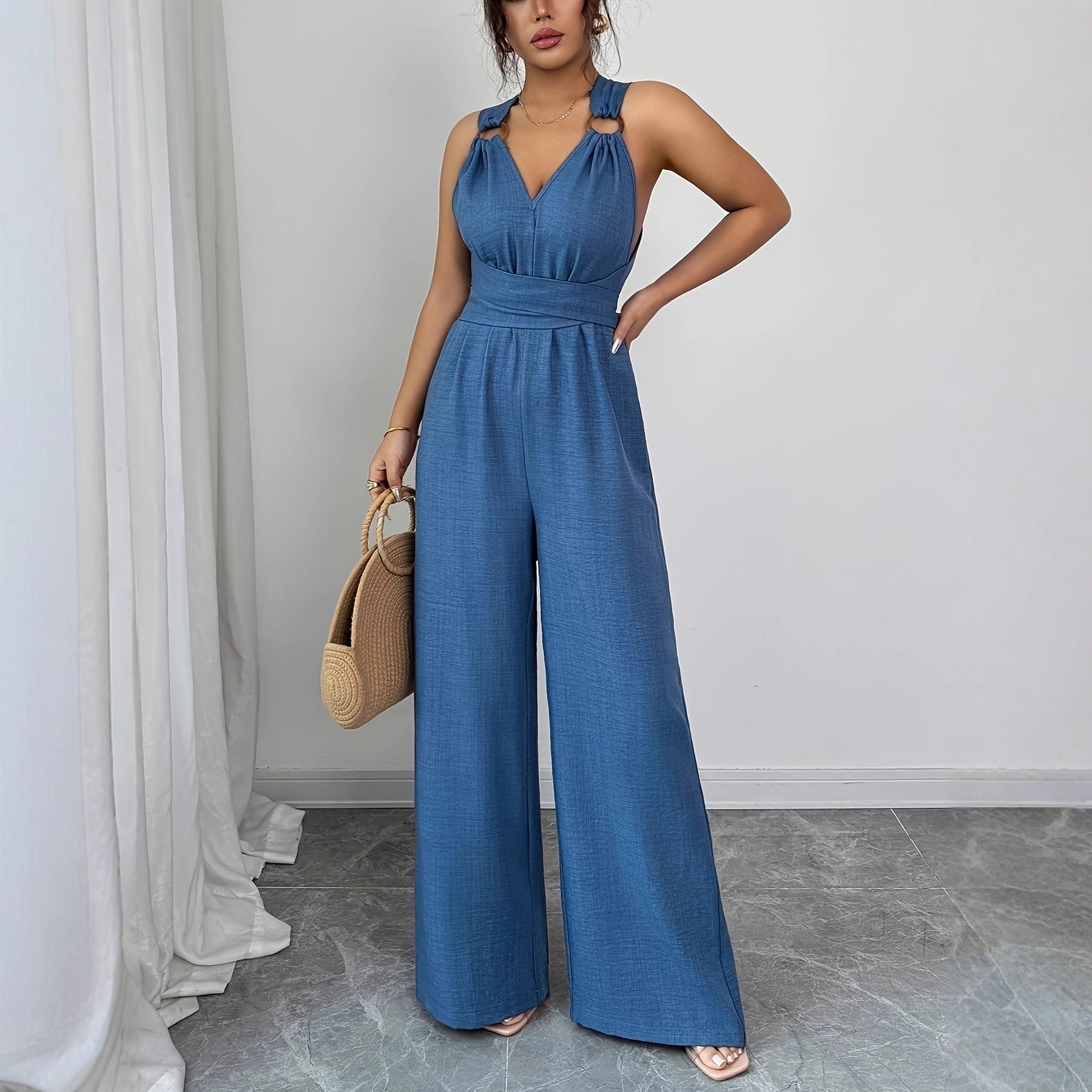 Fashionable and sexy V-neck backless crossover waist wide-leg jumpsuit