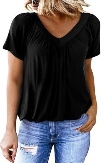 V-neck raglan sleeve pleated casual everyday lounge T-shirt