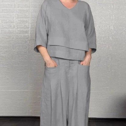 Solid color round neck long-sleeved casual top and straight leg pants two-piece set