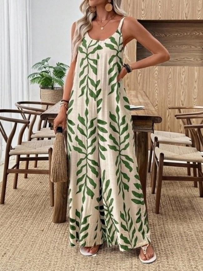 Casual and elegant V-neck tropical leaf print pocket jumpsuit