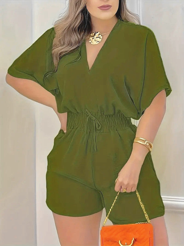 Women's Solid Color Drawstring Pleated Waist Slim Fit V-Neck Jumpsuit